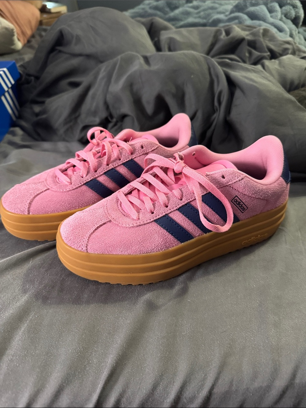 adidas Pink Suede Platform Sneakers with Navy Stripes and Gum Sole